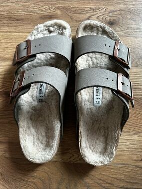 Birkenstock Taupe Double Strap Sandals with Shearling Lining